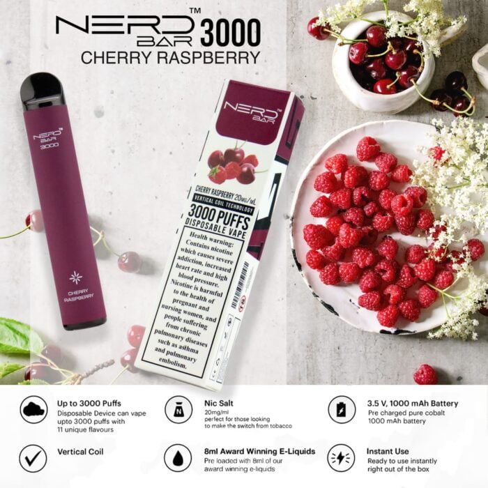 nerd bar 3000 puffs disposable vape cherry raspberry