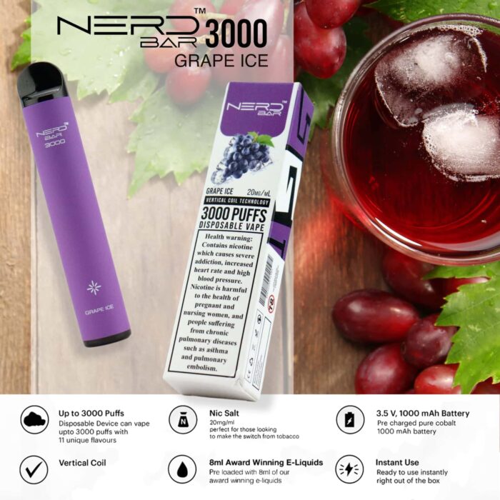 nerd bar 3000 puffs disposable vape grape ice