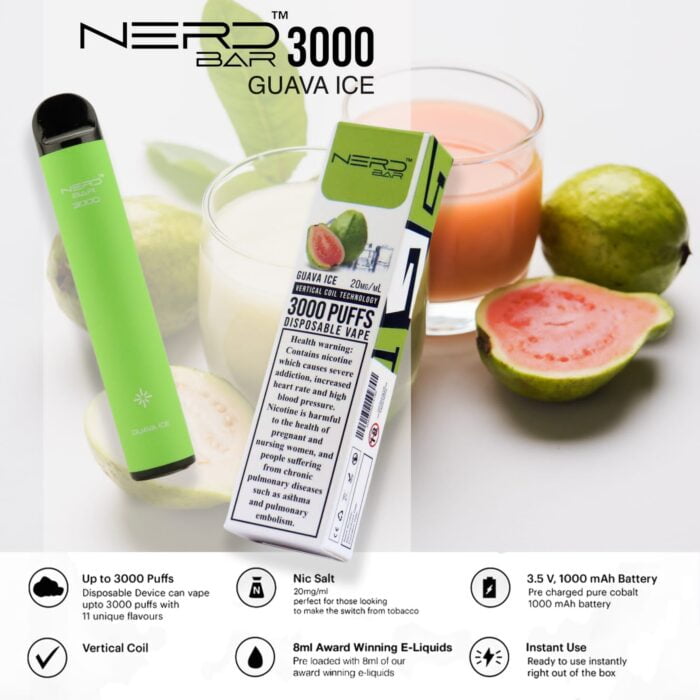 nerd bar 3000 puffs disposable vape guava ice