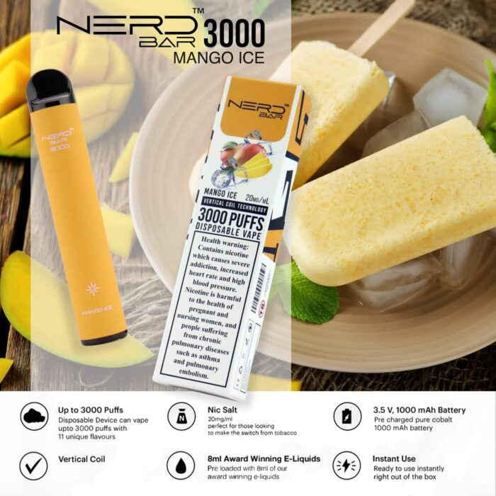 nerd bar 3000 puffs disposable vape  mango ice