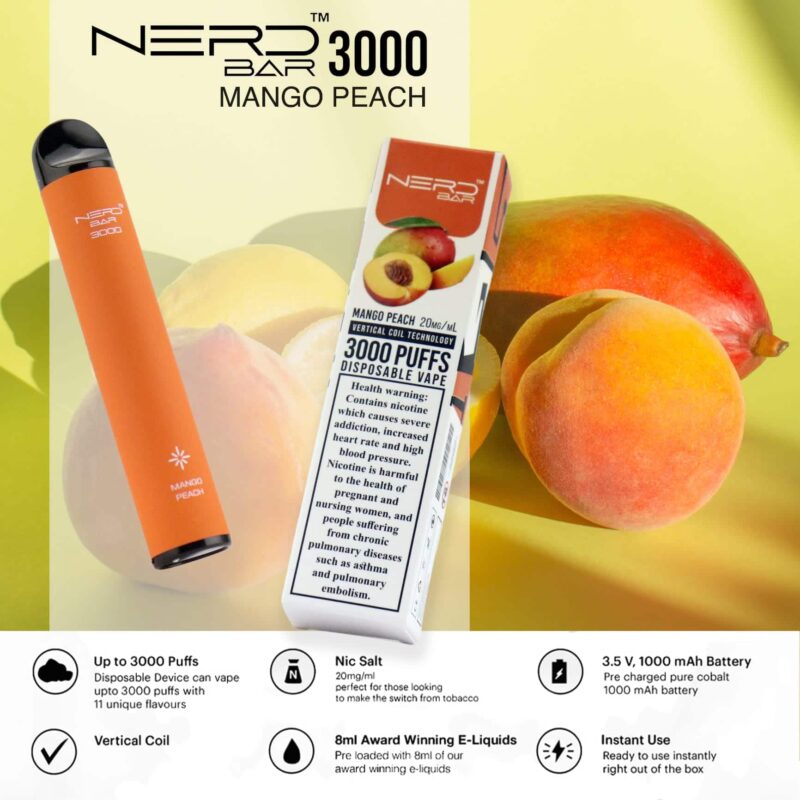 nerd bar 3000 puffs disposable vape mango peach