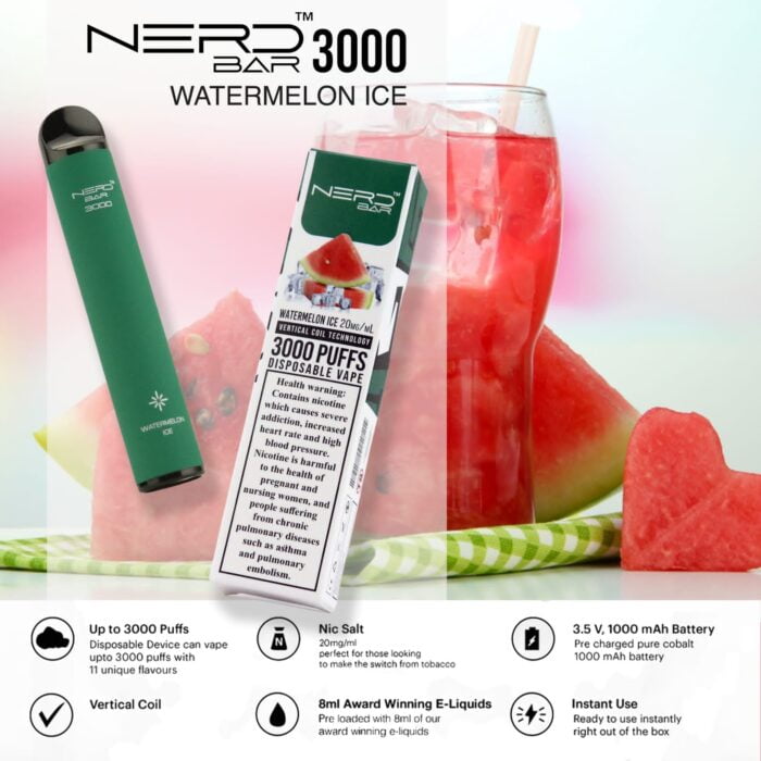 nerd bar 3000 puffs disposable vape watermelon ice