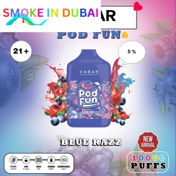 smokeindubai BLUE RAZZ Buy VABAR Pod Fun Disposable 10000Puffs Rechargeable vape in UAE VABER 10000Puffs VABER Pod Fun 10000 Vape Shop Near me Dubai