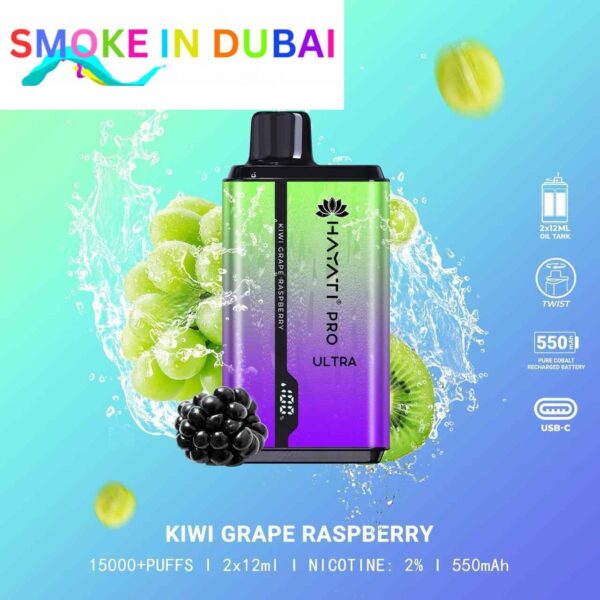 smokeindubai KIWI GRAPE RASPBERRY hayati pro ultra 15000 puffs price in dubai