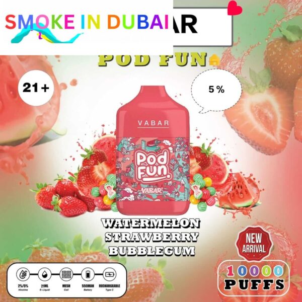 smokeindubai WATERMELON STRAWBERRY BUBBLE GUM Buy VABAR Pod Fun Disposable 10000Puffs Rechargeable vape in UAE VABER 10000Puffs VABER Pod Fun 10000 Vape Shop Near me Dubai